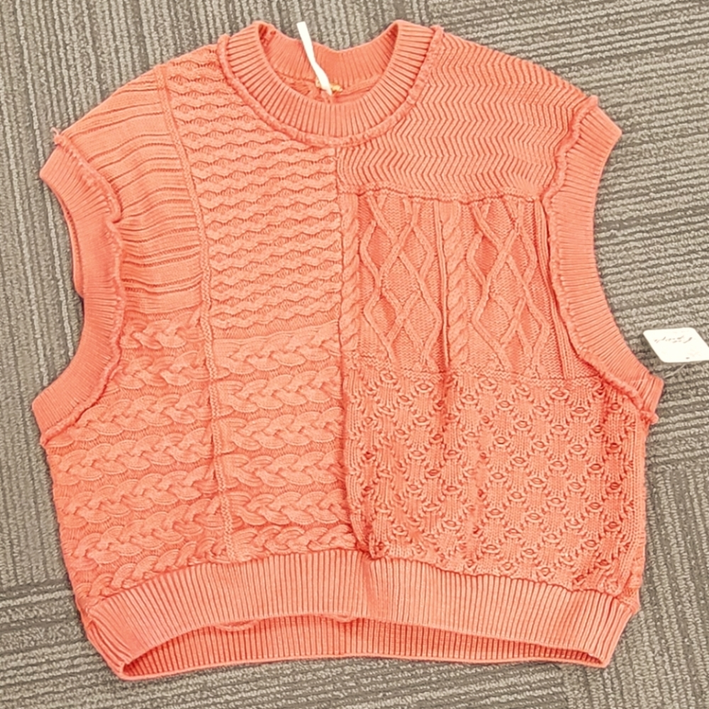 Free people cable knit patchwork vibes peach sweater vest